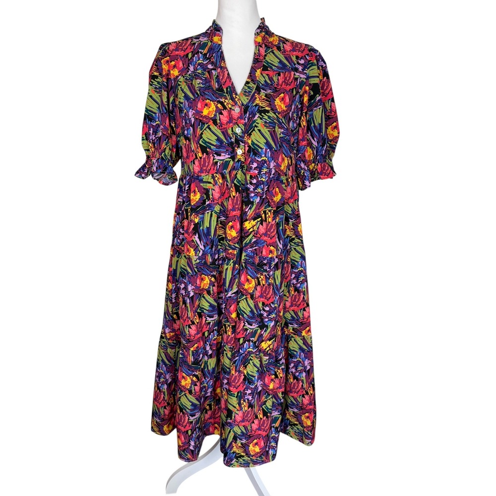 Michelle McDowell Abstract Floral Tiered Midi Dress Pink Purple Size XSโ